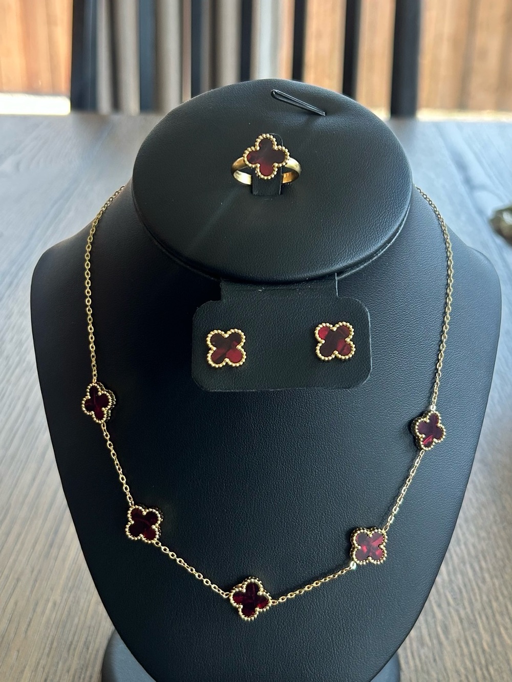 Gold-Tone Necklace, Earrings & Ring Set with Burgundy Clover Motifs